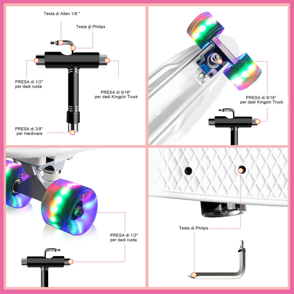 Mini Skateboard per Principianti, con Ruote Lampeggianti a LED, con Strumento a T (Bianco) - kinskate