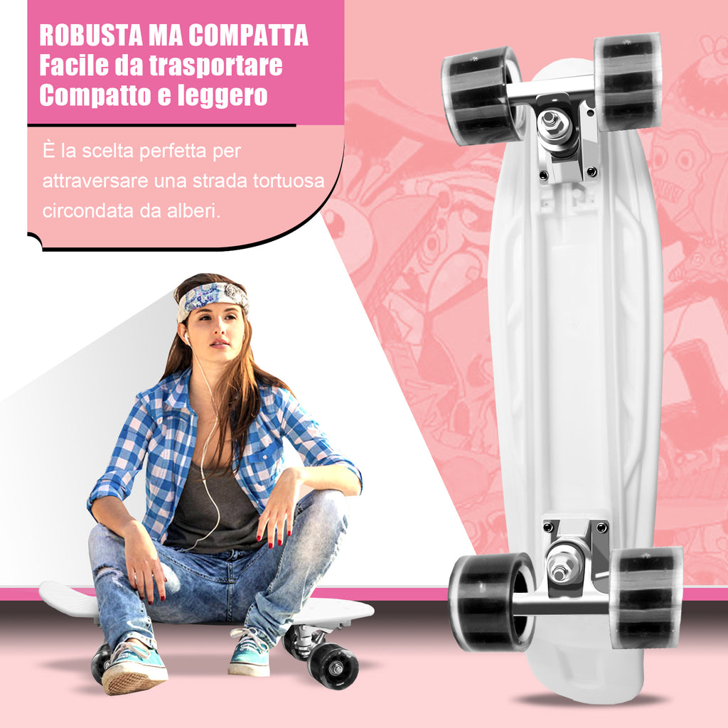 Mini Skateboard per Principianti, con Ruote Lampeggianti a LED, con Strumento a T (Bianco) - kinskate