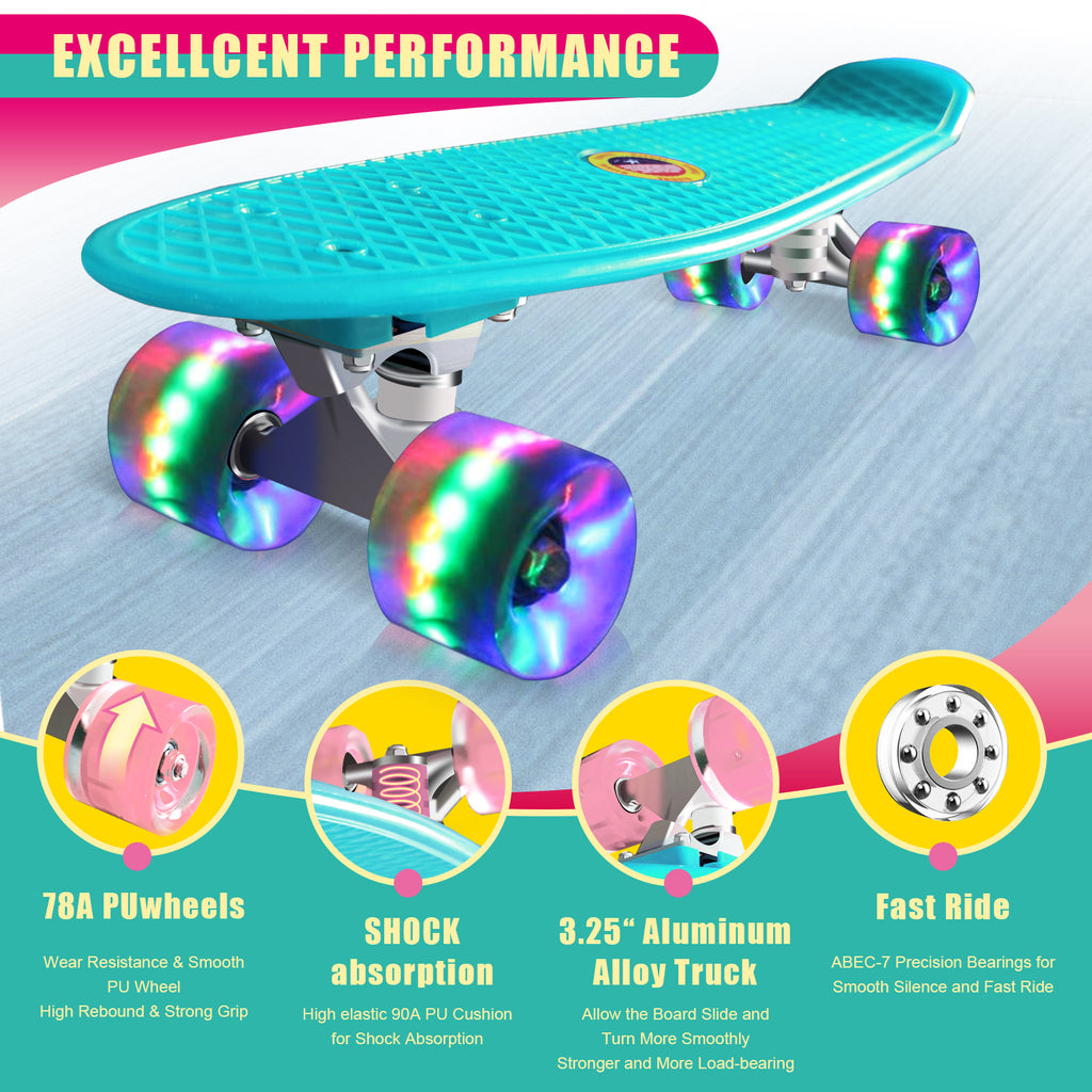 Mini Skateboard per Principianti, con Ruote Lampeggianti a LED, con Strumento a T (Verde Oliva) - kinskate