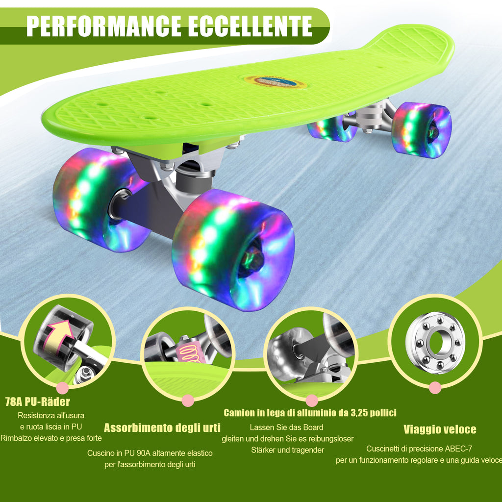 Mini Skateboard per Principianti, con Ruote Lampeggianti a LED, con Strumento a T (Verde Tedesco) - kinskate