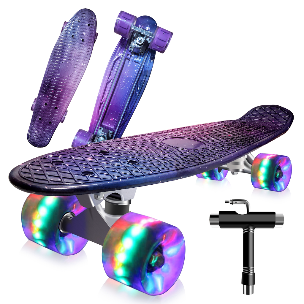 Mini Skateboard per Principianti, con Ruote Lampeggianti a LED, con Strumento a T (Camouflage Purple) - kinskate