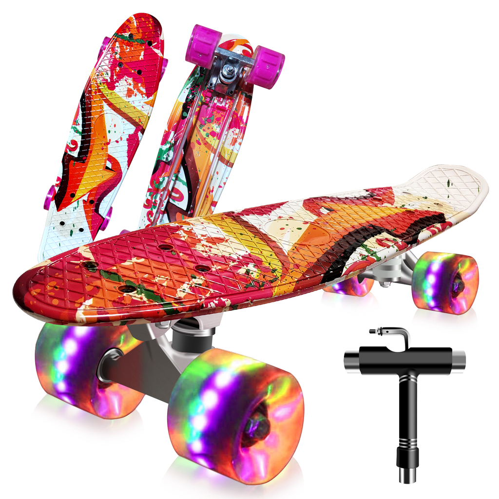 Mini Skateboard per Principianti, con Ruote Lampeggianti a LED, con Strumento a T (Polvere Mimetica) - kinskate