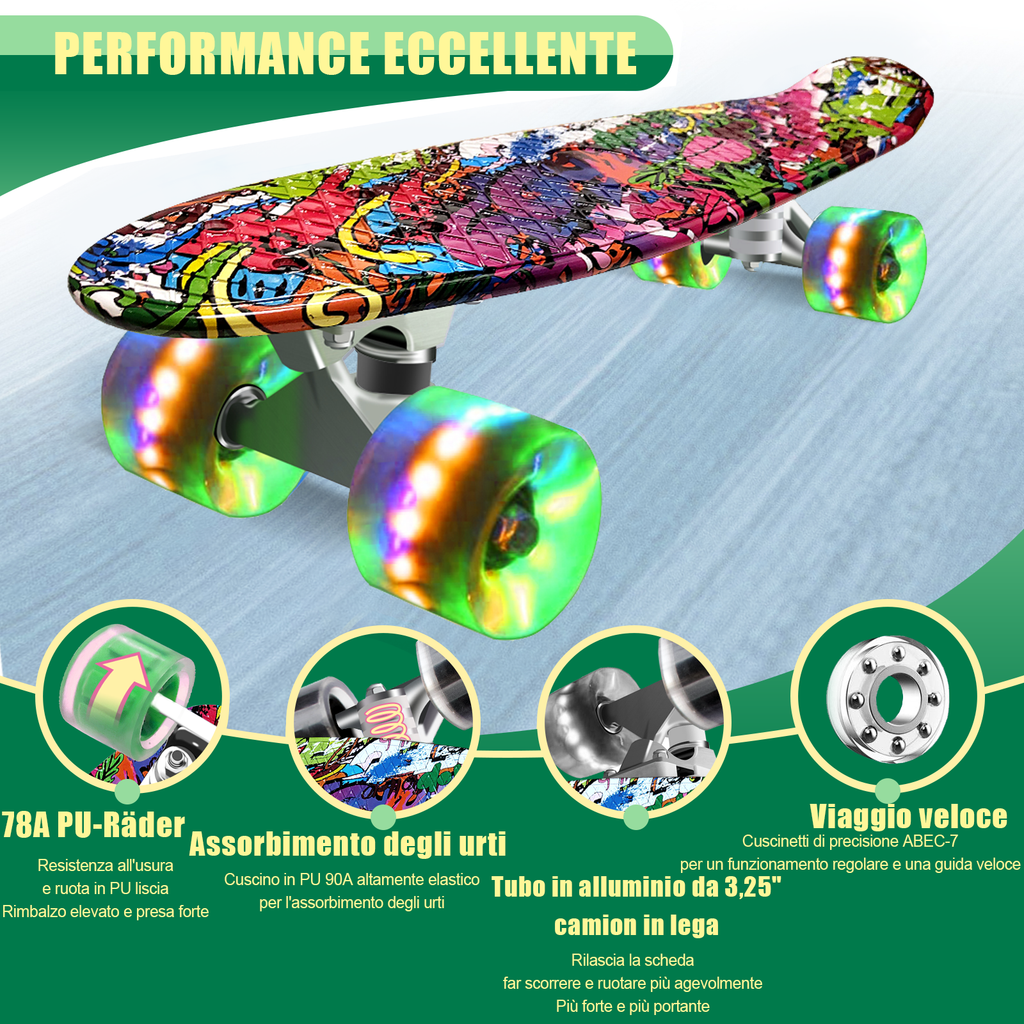 Mini Skateboard per Principianti, con Ruote Lampeggianti a LED, con Strumento a T (Verde Mimetico) - kinskate