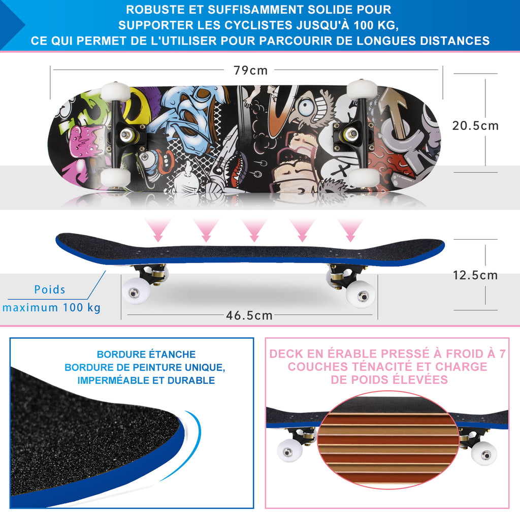 Skateboard Completo Legno di Acero Canadese a 7 Strati ,79 x 20 cm (Nero) - kinskate