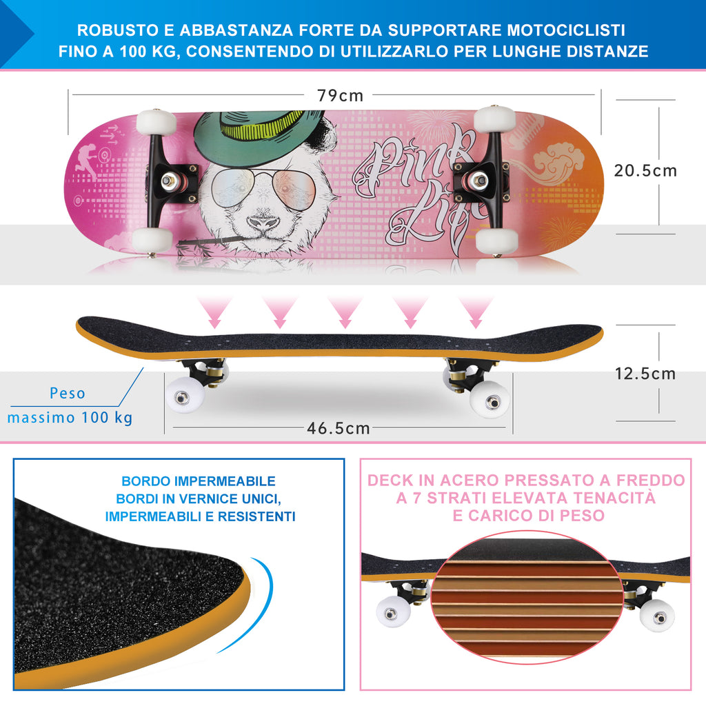 Skateboard Completo Legno di Acero Canadese a 7 Strati ,79 x 20 cm (Rosa) - kinskate