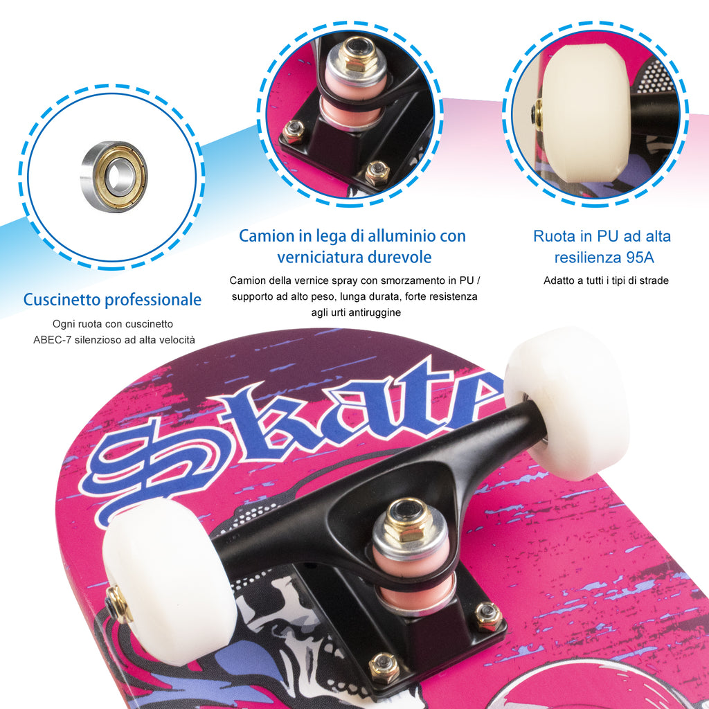 Skateboard Completo Legno di Acero Canadese a 7 Strati ,79 x 20 cm (Rosa Brillante ) - kinskate