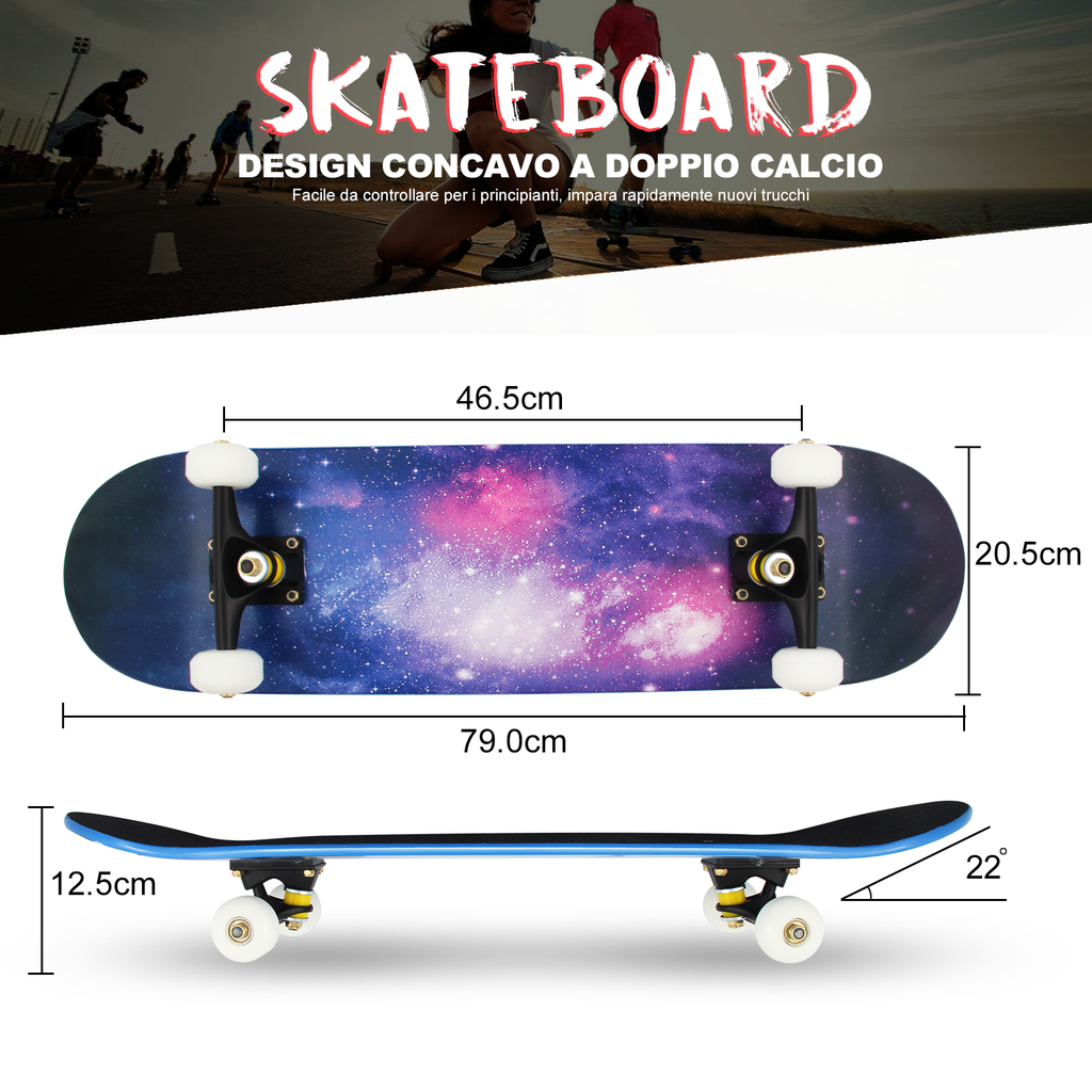 Skateboard Completo Legno di Acero Canadese a 7 Strati ,79 x 20 cm (Cielo Stellato Viola) - kinskate
