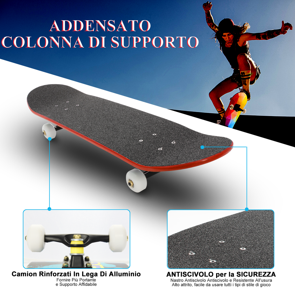 Skateboard Completo Legno di Acero Canadese a 7 Strati ,79 x 20 cm (Città Rossa) - kinskate